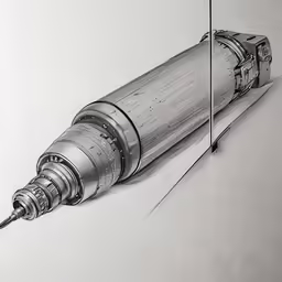 a pencil drawing of a jet engine being worked on