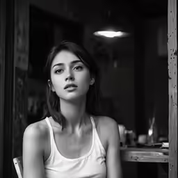 a woman sitting at a table and holding a pizza