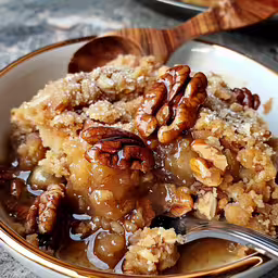 a bowl with some food in it and a spoon,some food with nuts is in a white bowl