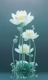 white lotuses on blue surface with water reflection