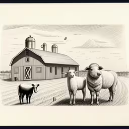 two sheep and a barn in a drawing frame,two sheep standing in front of a barn and barn