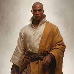 a black man in an orange robe standing