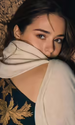 woman in coat and shawl laying on the couch