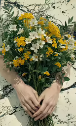 two hands are holding some yellow and white flowers