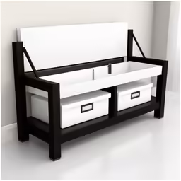 a bench with a couch and two storage bins underneath it