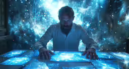a man with a beard sitting at a table in front of pictures,man sitting at a table looking at video screens