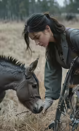 a woman is petting a donkey in the straw