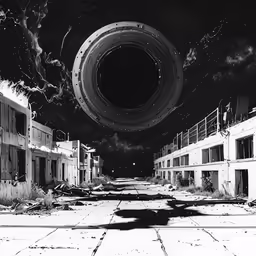 black and white photograph of a very large alien ring in the sky