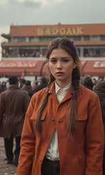 a young lady in an orange jacket at a race track