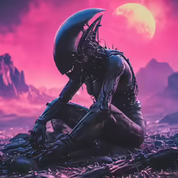 an alien is sitting on the ground with his head in his hands