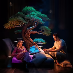 two people sitting on beanbag chairs in front of a tree
