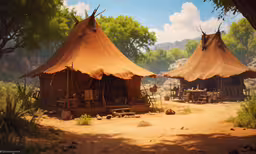 there are several tents pitched in the dirt,an image of a native american village with brown awnings