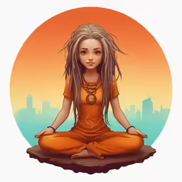 a woman in an orange outfit meditating with her eyes closed