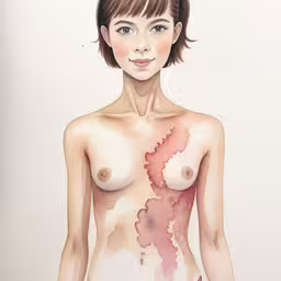 a girl has her butt painted and showing breast on her top,an abstract picture of a naked woman with breast exposed
