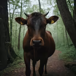 the bull has horns on his head as he walks down a wooded path