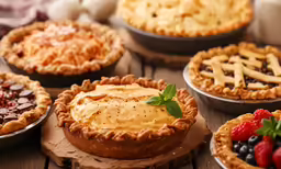 a variety of pies with toppings sit on display
