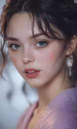 a beautiful woman with blue eyes wearing pink