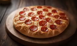 a homemade pepperoni pizza sitting on a wood cutting board
