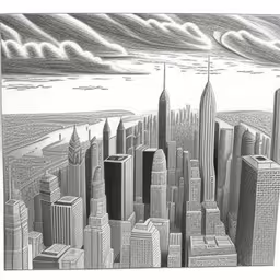 drawing of city skylines under cloudy skies,pencil drawing of large city skyscrapers with clouds above