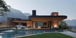 the house is designed around a curved pool