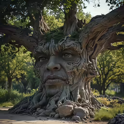 an artistic sculpture of a tree with face and shoulders