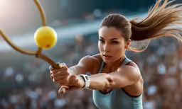 woman in blue top swinging at ball with racket