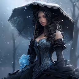 a picture of a woman dressed in black holding an umbrella,a woman in a blue gown and black top is holding an umbrella