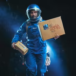 the man in the space suit is carrying a box