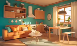 a modern living room with blue walls, a yellow sofa and a table