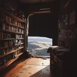the window and the bookshelf are opened revealing the inside of the building