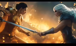 two people facing each other, one with sword