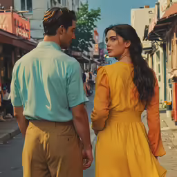 a couple walking on the street in a city