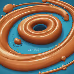 a group of large brown rings in the air,a painting of different shapes in the water