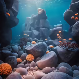 an underwater scene with rocks and plants