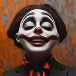 a woman is wearing clown makeup and a striped neck tie