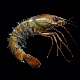 a shrimp in the dark with long legs and a brown head