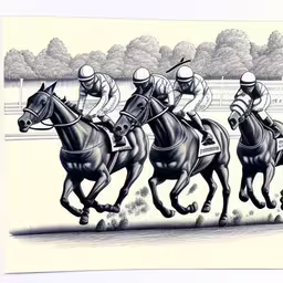 there are three horses that are racing on the track,a group of men riding on the backs of horses