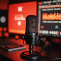a black microphone with a red light is in front of two monitors