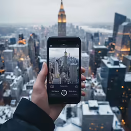 someone holding up their phone taking a view of the city