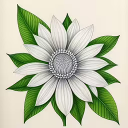 a drawing of a large white flower with leaves,a white flower with green leaves on top