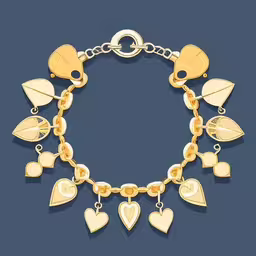 a gold bracelet with hearts and leaves on a black background