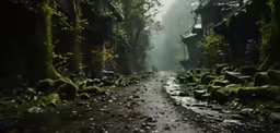 an image of a rain covered road near a forest