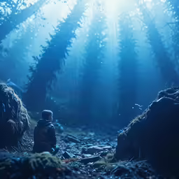 a man stands amongst some rocks in the forest