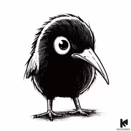 a black and white drawing of a large bird with a big eye