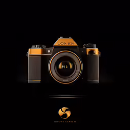 a camera sits on a dark background with the focus on the lens