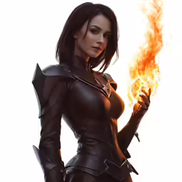 a woman dressed in black with fire on her chest