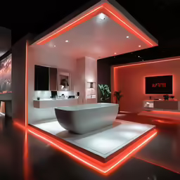 a bathroom with white and red lights at night