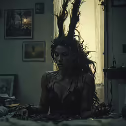a woman in the midst of hair falling into her face