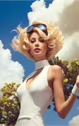 a beautiful young lady in a short white dress with sunglasses