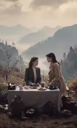 two women are standing at a table with food